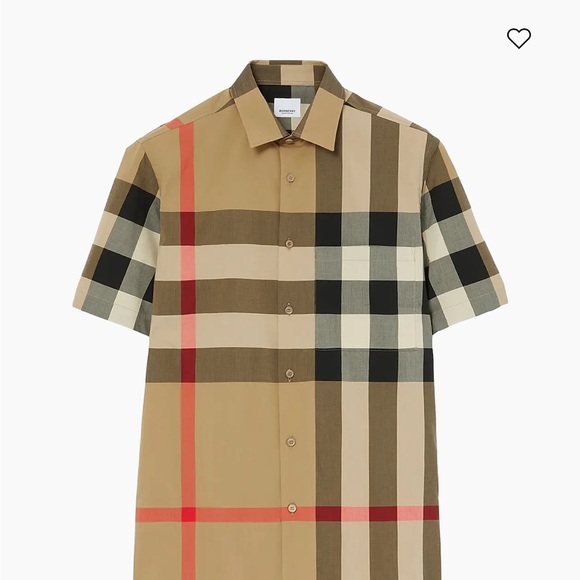 Burberry Men's Short Sleeve Plaid Shirt - Tan Black and Red